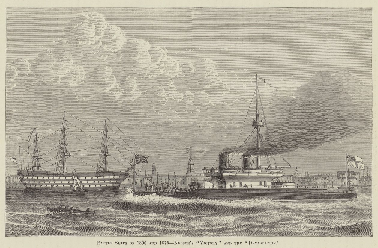 Navires de combat de 1800 et 1875, le "Victory" et le "Devastation" de Nelson (gravure) - English School