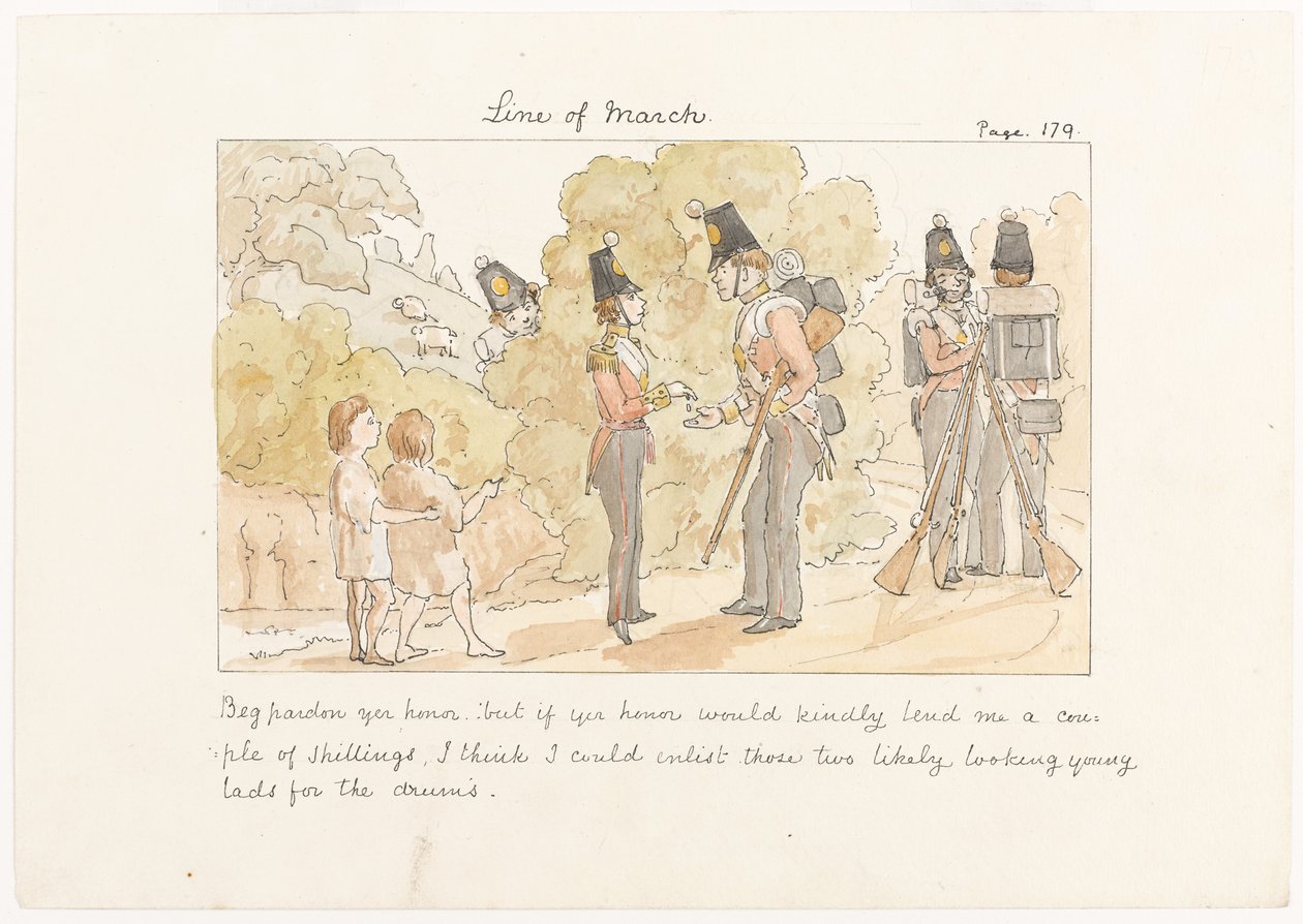Pardon, votre honneur, mais si votre honneur pouvait me prêter quelques shillings, je pense que je pourrais enrôler ces deux jeunes garçons pour les tambours, vers 1850 (aquarelle sur papier) - English School