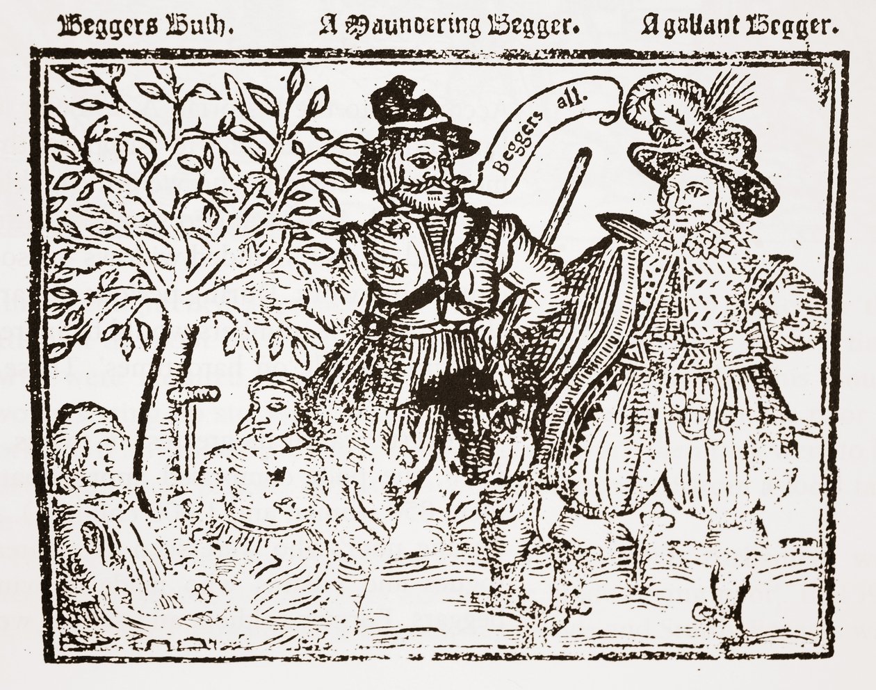 Tous les mendiants : Beggars Bush, un mendiant errant et un mendiant galant, page de titre de The Praise, Antiquity and Commodity of Beggary, Beggars and Begging - English School