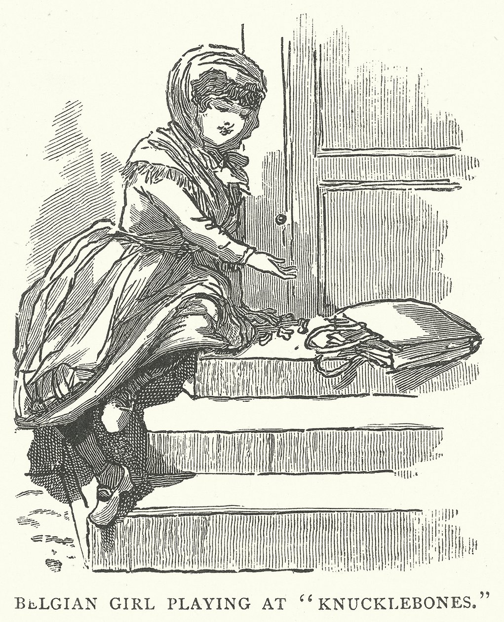 Jeune fille belge jouant aux "Knucklebones" (gravure) - English School