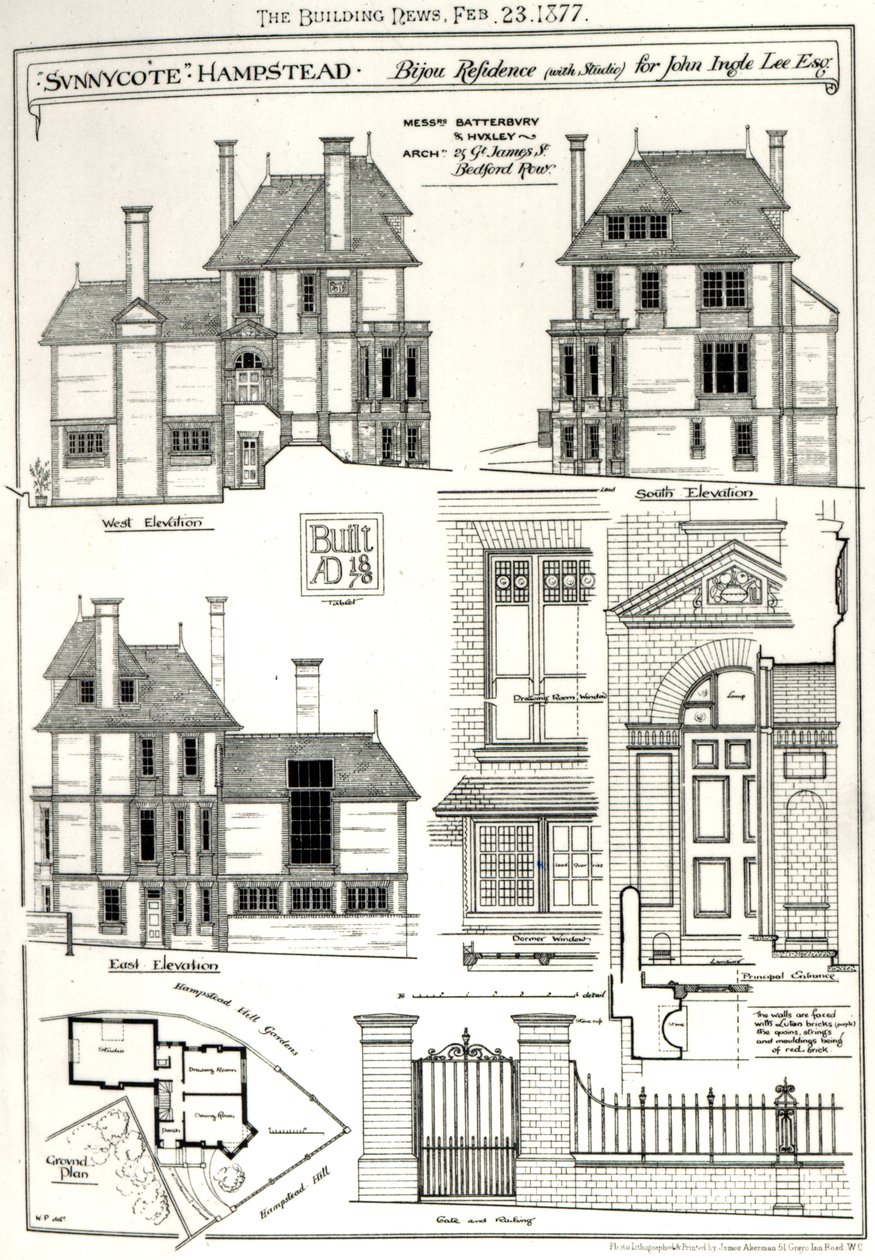 Résidence Bijou Sunnycote, Hampstead, (avec studio) pour John Ingle Lee Esq, de The Building News, 23 février 1877 - English School