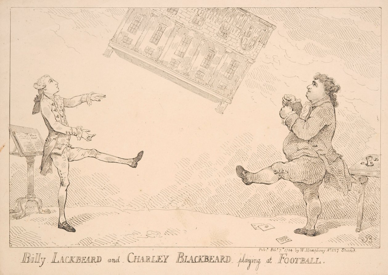 Billy Blackbeard et Charley Blackbeard jouant au football, caricature satirique faisant référence au East India Bill, publié par W. Humphrey, 1744 - English School