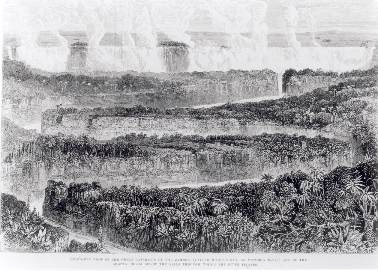Vue aérienne des grandes cataractes du Zambèze (chutes Victoria) de Narrative of an Exhibition to the Zambesi and its Tributaries, publié en 1865 - English School