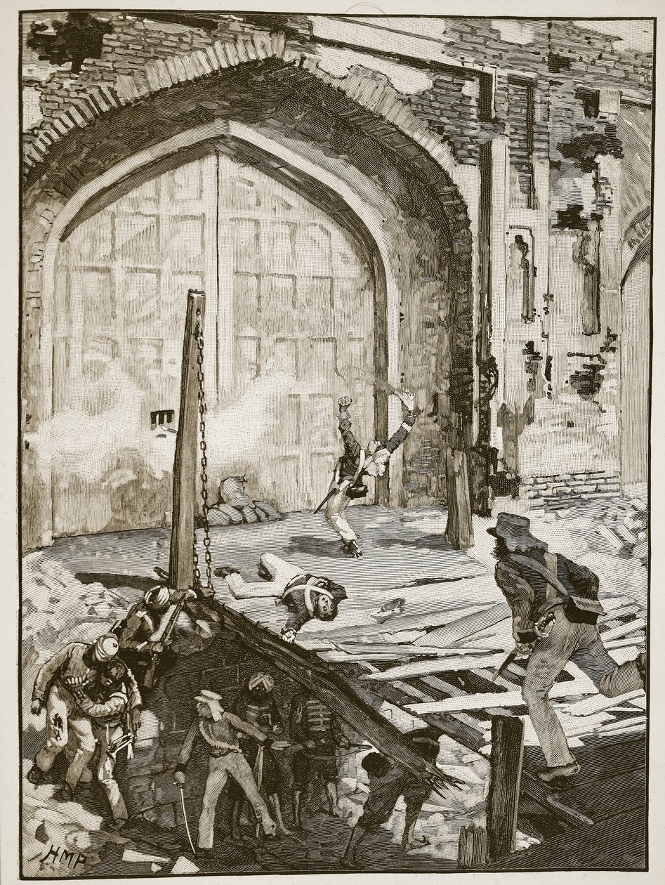 Explosion de la porte du Cachemire à Delhi, illustration de Cassells Illustrated History of England - English School
