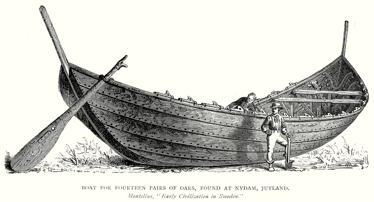Bateau à quatorze paires de rames, trouvé à Nydam, Jutland (gravure) - English School