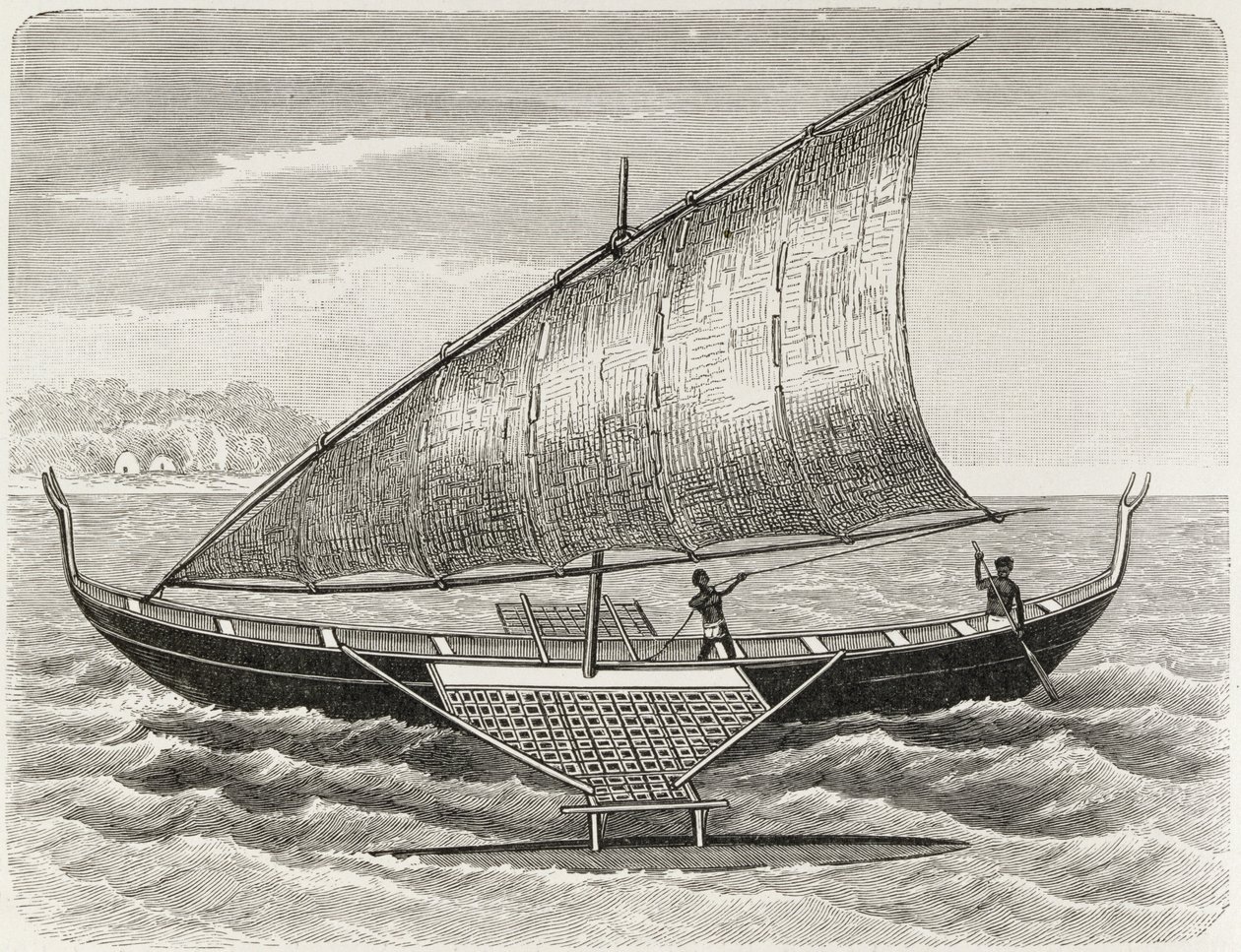 Bateau des îles Mortlock, avec balancier et voile en nattes de jonc, de 