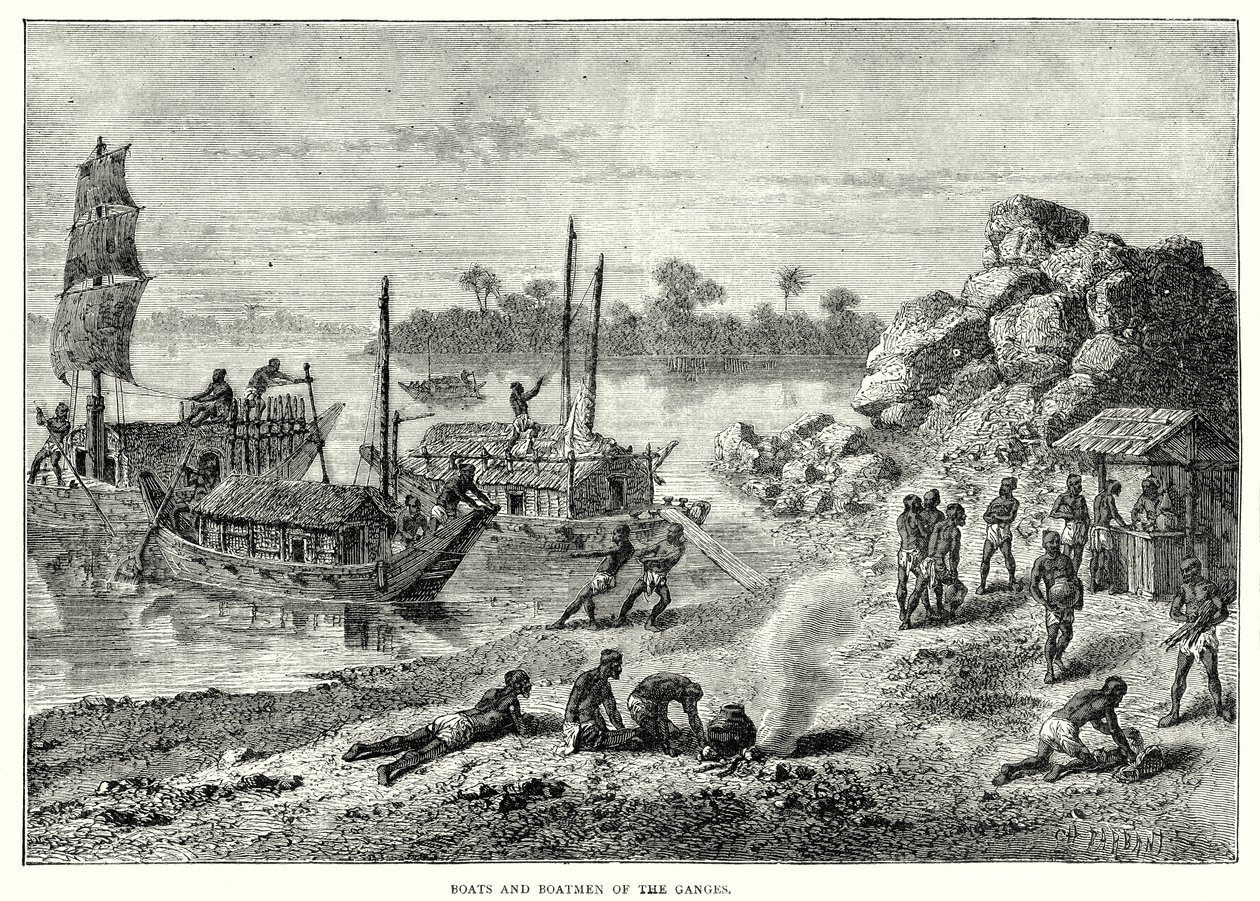 Bateaux et bateliers du Gange (gravure) - English School