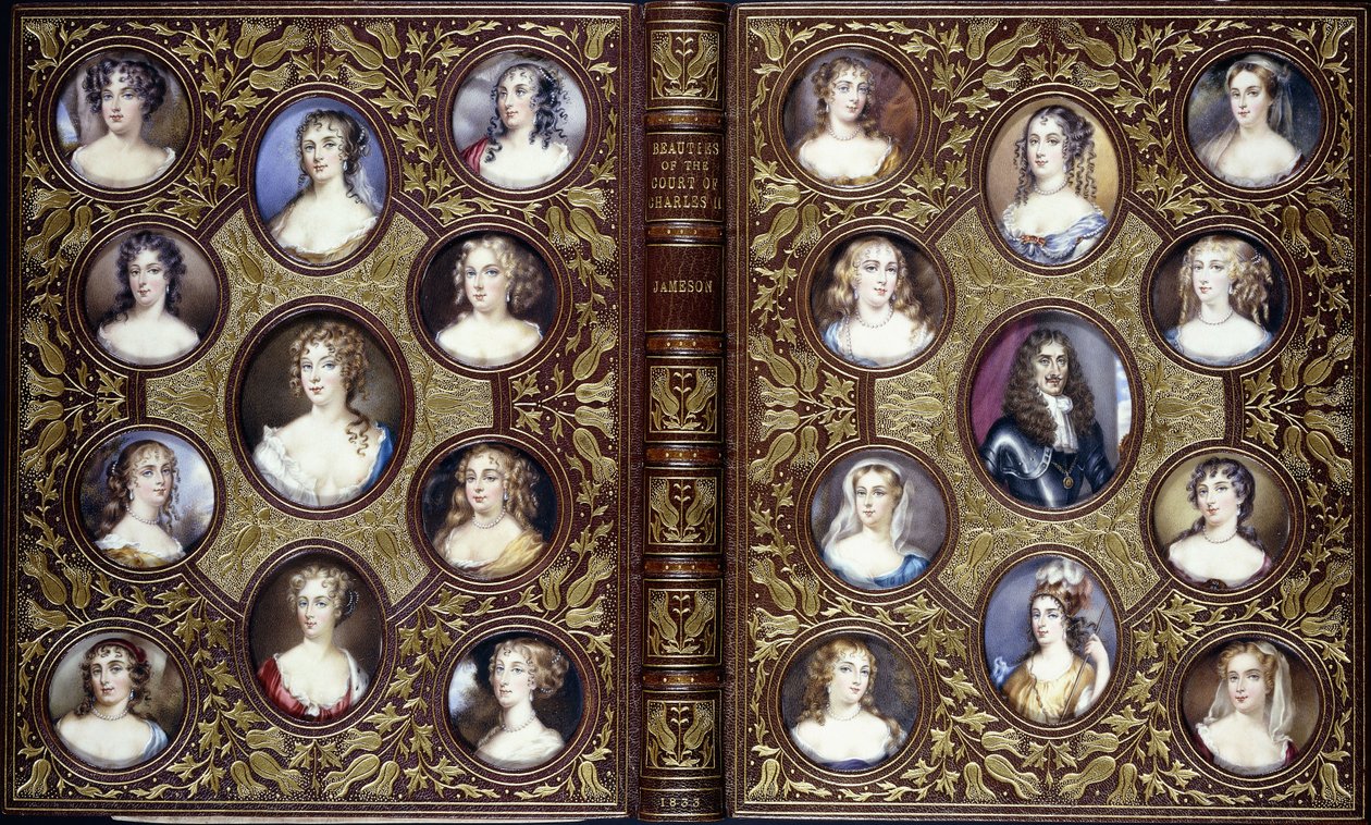 Couverture de livre avec vingt-deux miniatures de portraits de Charles II et des belles femmes de sa cour, 1833 - English School