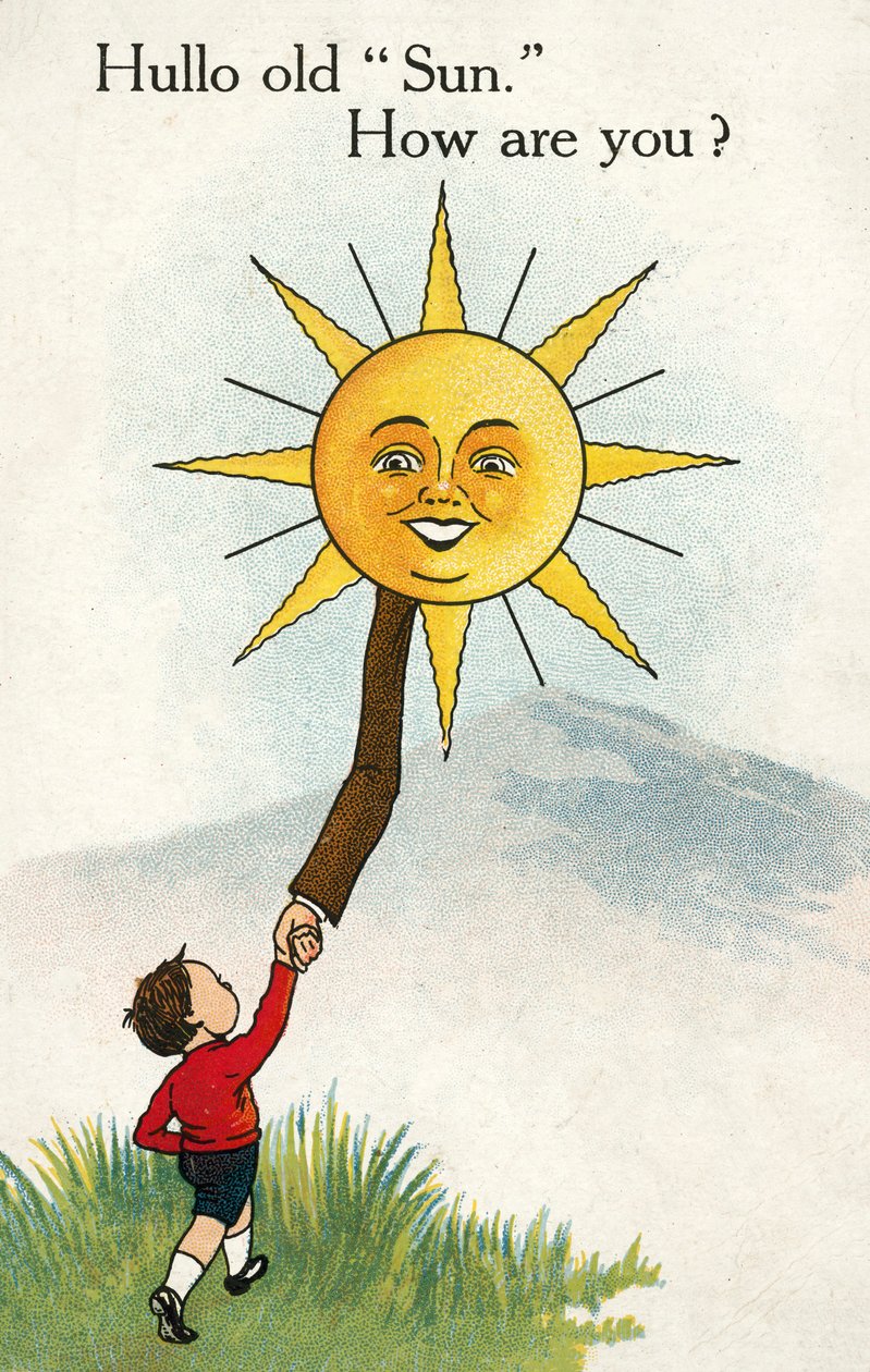 Garçon disant bonjour au soleil (lithographie couleur) - English School