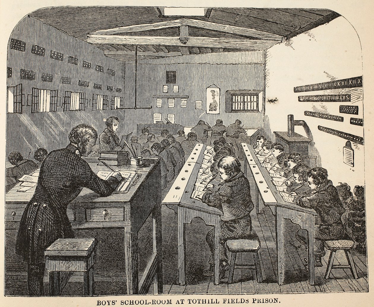 Salle de classe des garçons à la prison de Tothill Fields, illustration de The Criminal Prisons of London and Scenes from Prison Life par Henry Mayhew et John Binny, pub. 1862 - English School
