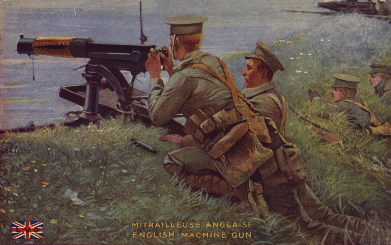 Mitrailleuse britannique, Première Guerre mondiale (lithographie couleur) - English School