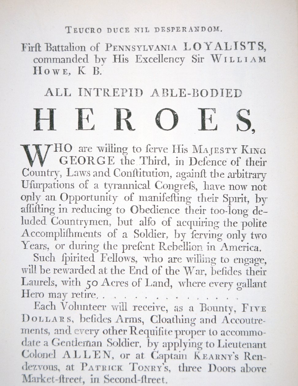 Affiche de recrutement britannique pour le premier bataillon des loyalistes de Pennsylvanie, pendant la guerre d