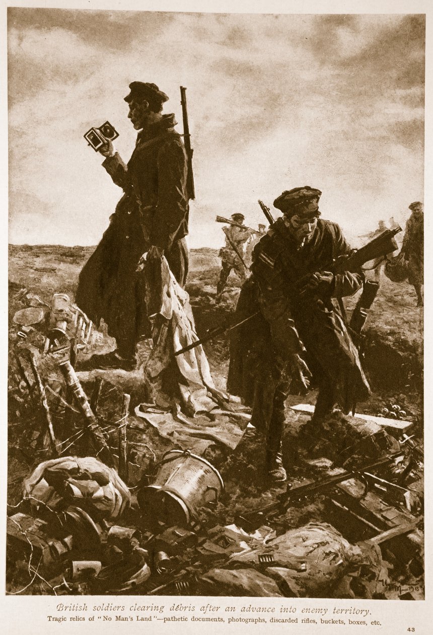 Soldats britanniques déblayant les débris après une avancée en territoire ennemi, 1914-19 - English School