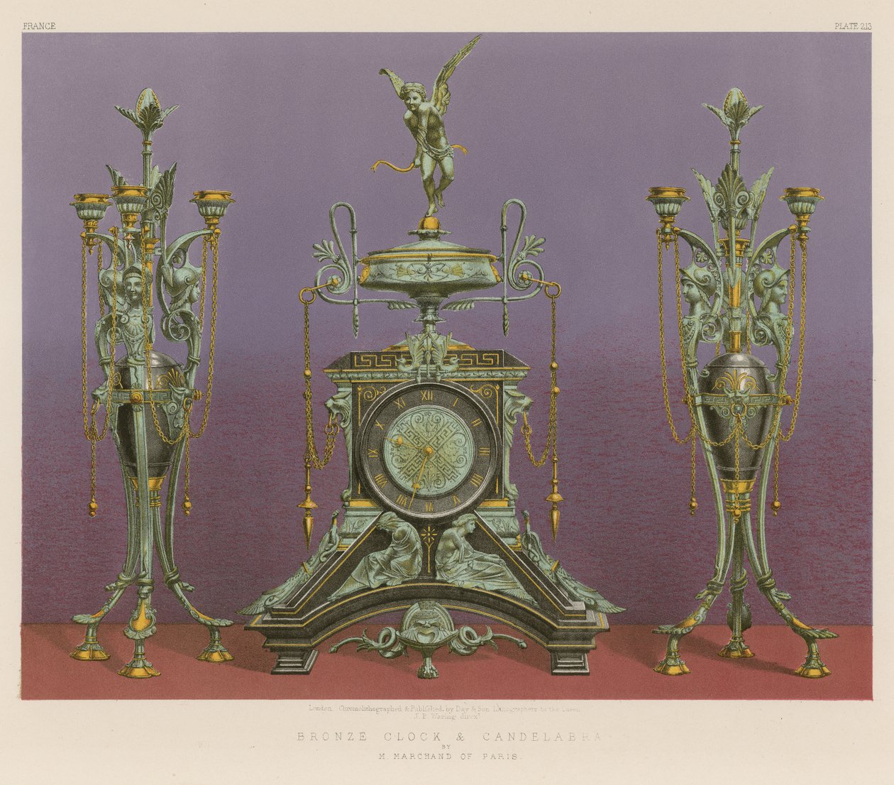 Horloge et chandelier en bronze par M Marchand de Paris (chromolitho) - English School