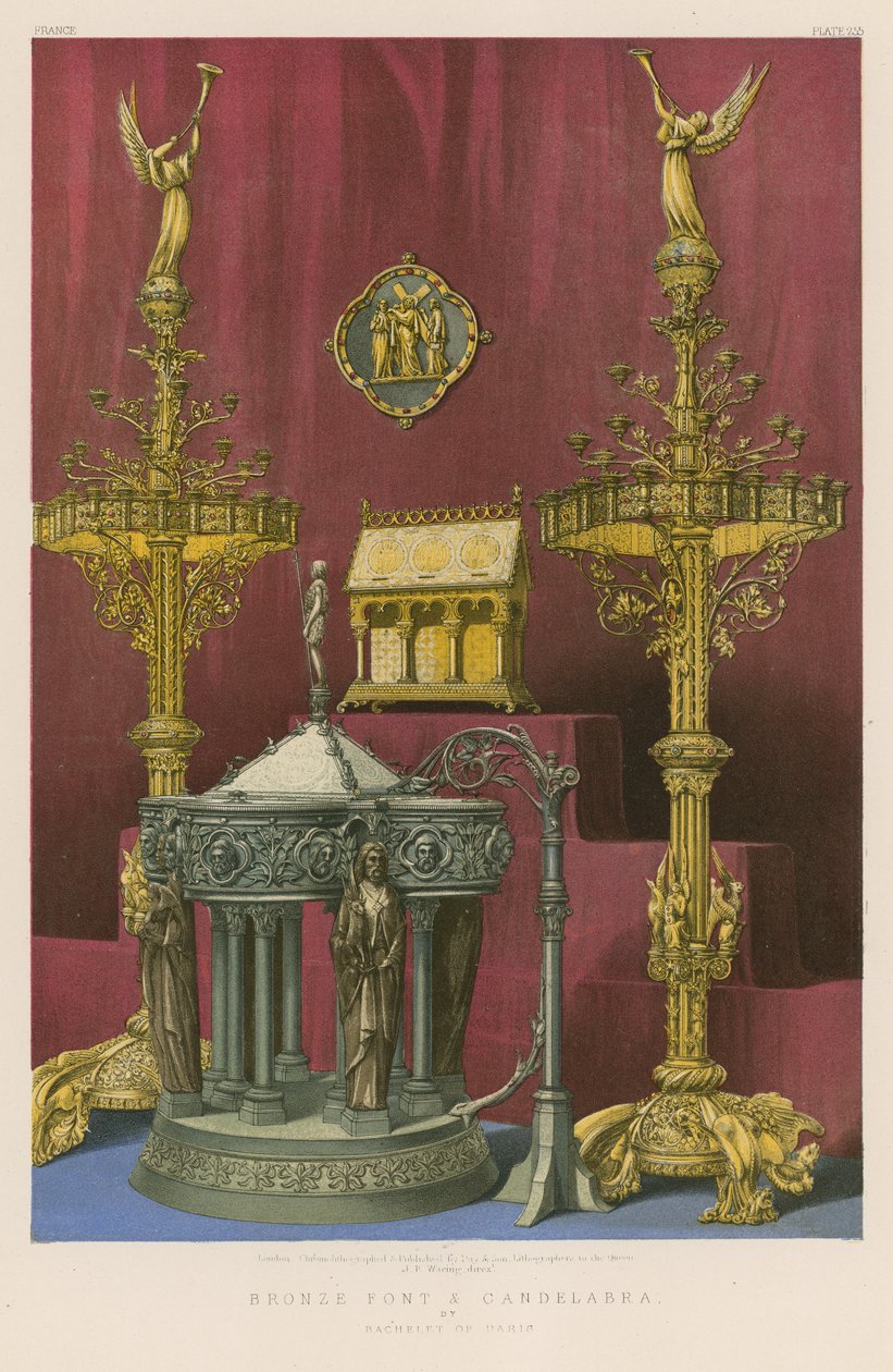Bénitier et candélabre en bronze par Bachelet de Paris (chromolitho) - English School