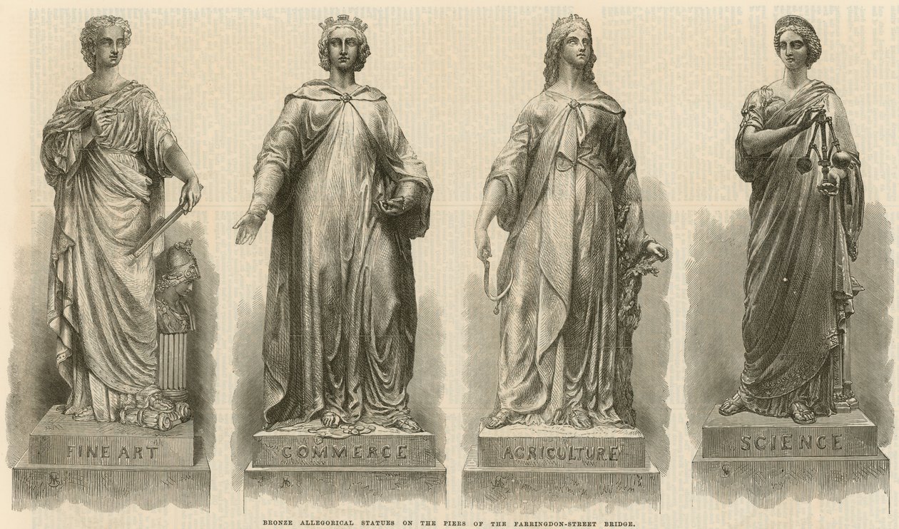 Statues allégoriques en bronze sur les piles du Farringdon Street Bridge (gravure) - English School