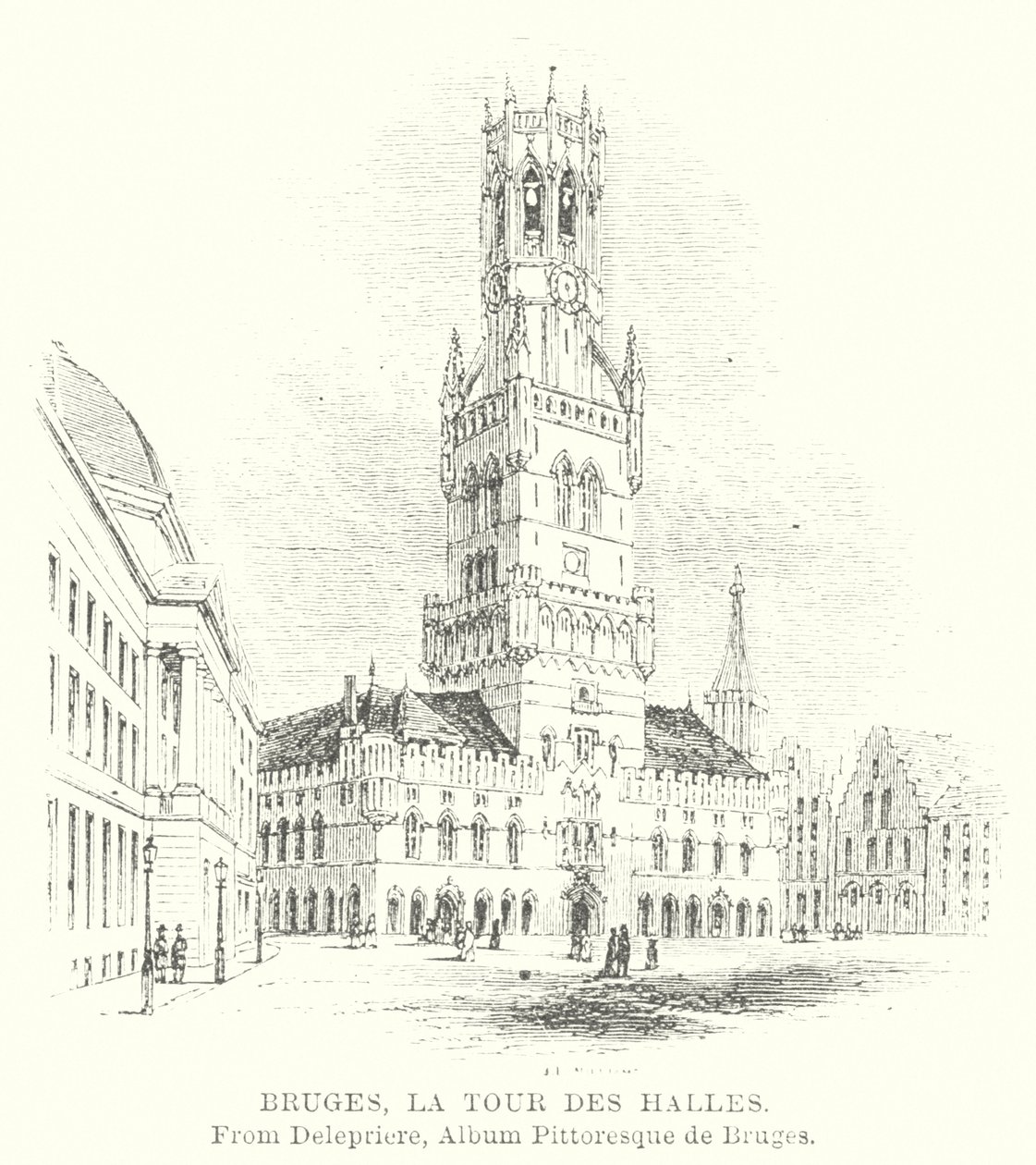 Bruges, La Tour des Halles (engraving) - English School