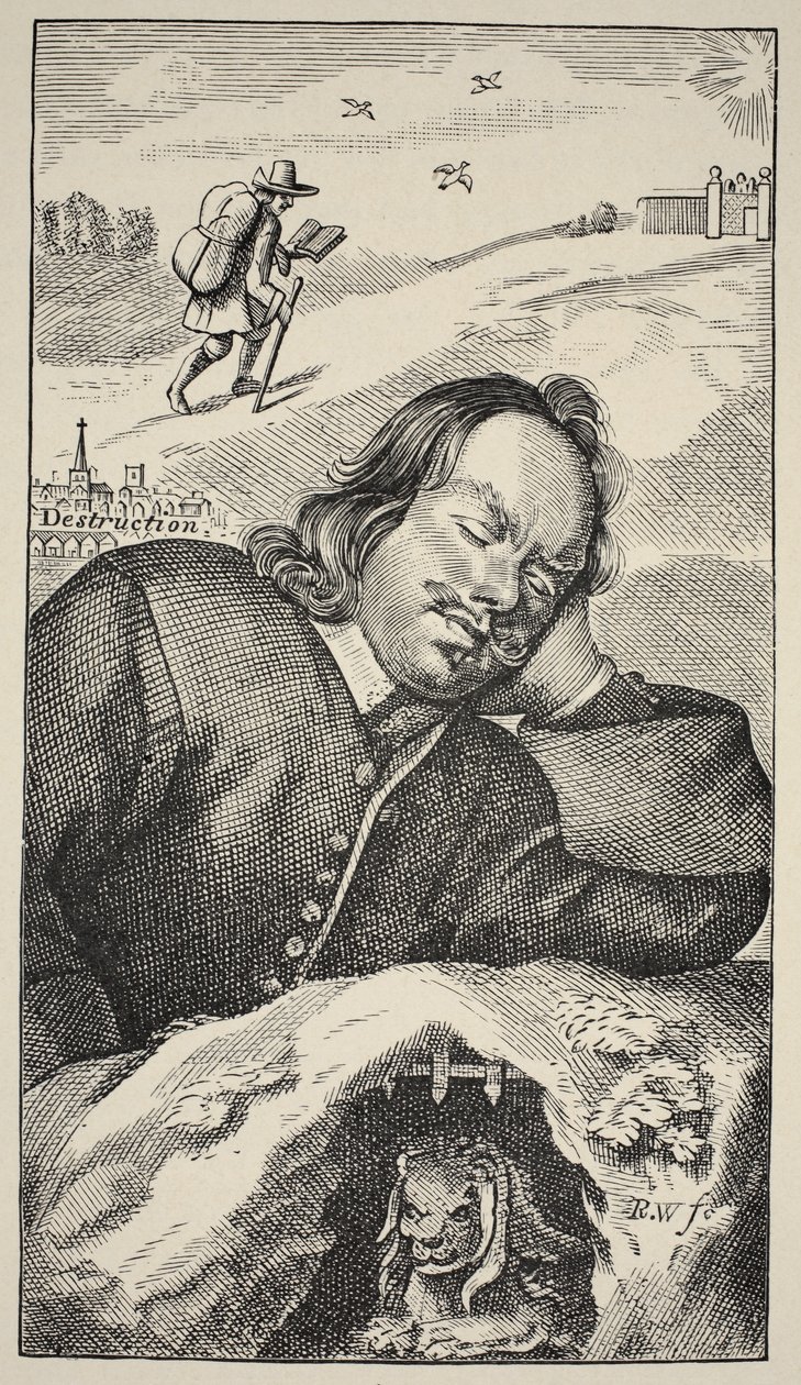 Le rêve de Bunyan, frontispice de The Pilgrims Progress par John Bunyan (1628-88), 4e édition, pub. 1680 - English School