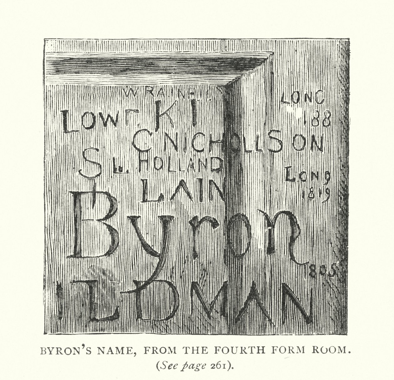 Le nom de Byron, depuis la salle de la quatrième classe (gravure) - English School
