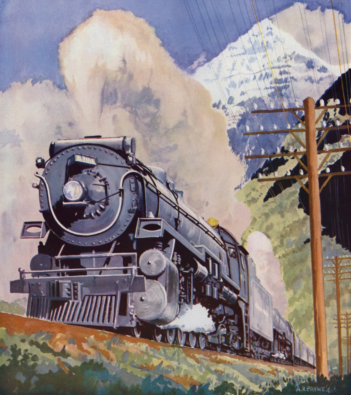 Le "Dominion" du Chemin de fer Canadien Pacifique dans les Rocheuses (lithographie couleur) - English School