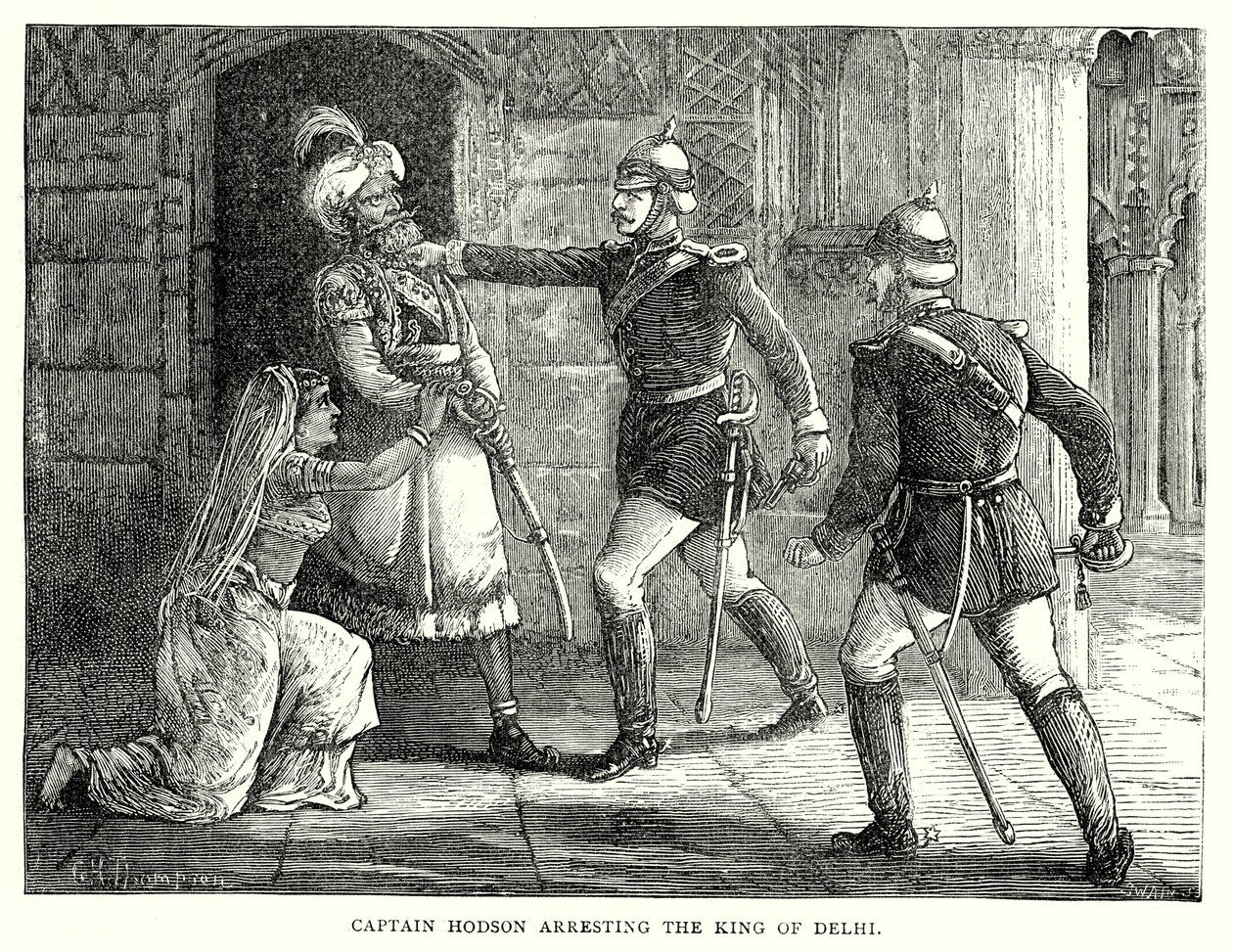Le capitaine Hodson arrêtant le roi de Delhi (gravure) - English School