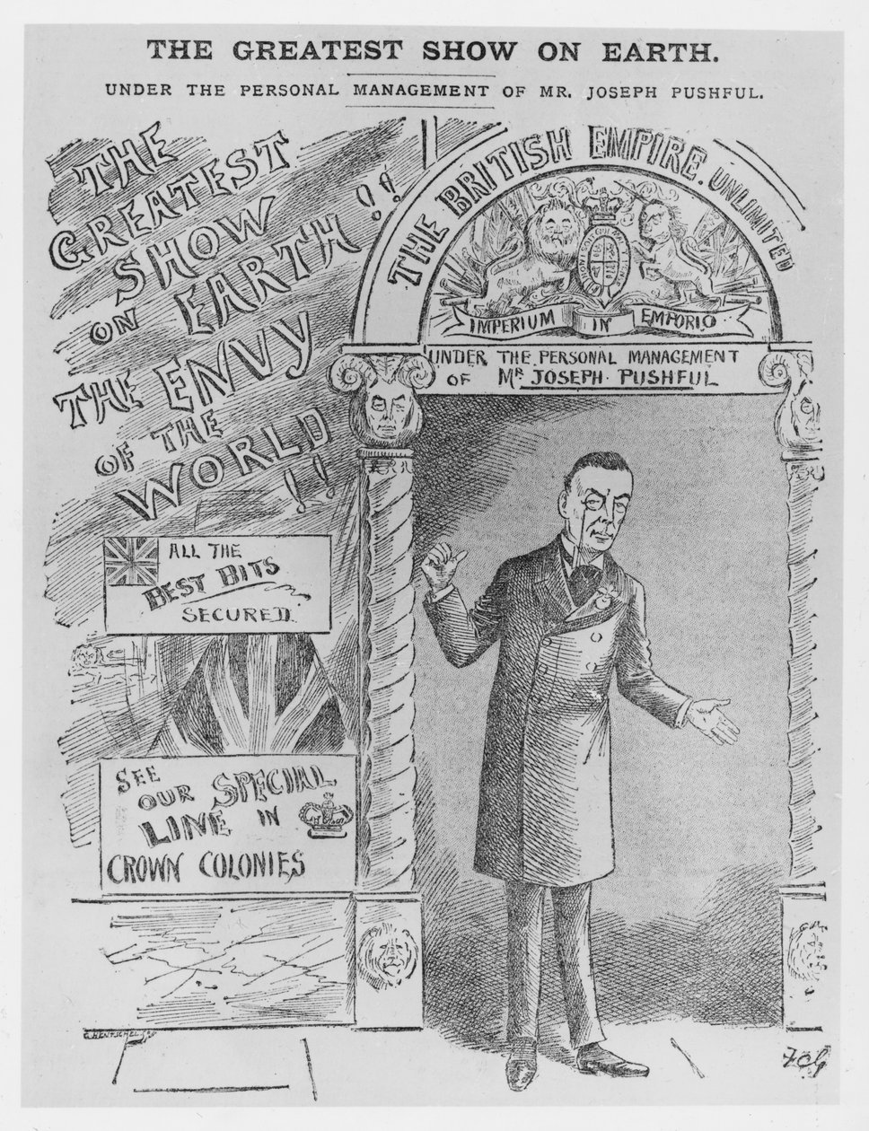 Caricature de Joseph Chamberlain en tant que secrétaire colonial, vers 1900 - English School