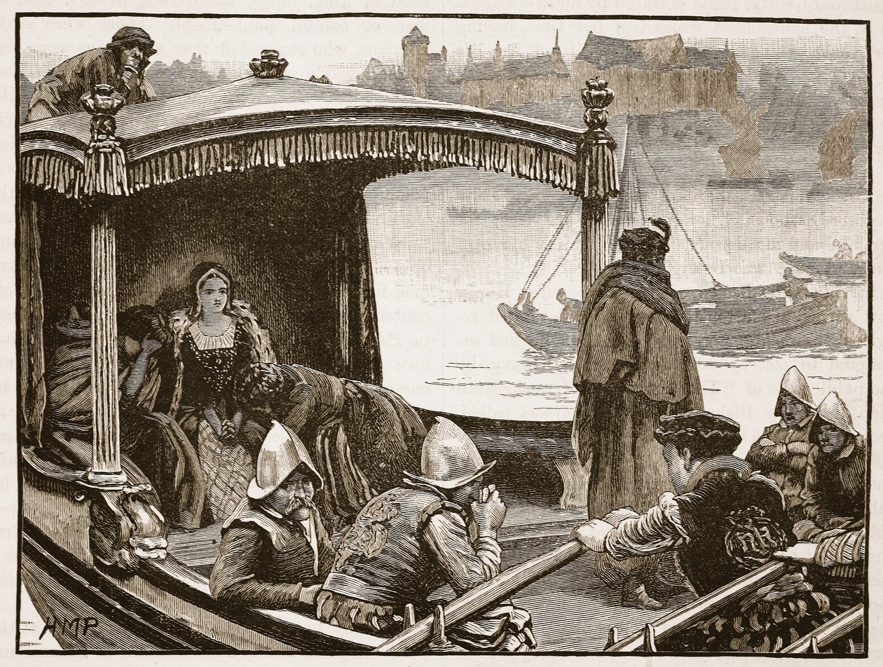 Catherine Howard conduite à la Tour, illustration de Cassells Illustrated History of England - English School