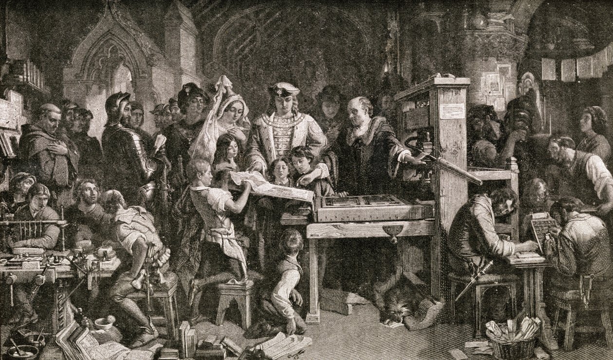 Caxton montrant des spécimens de son impression au roi Édouard IV à l