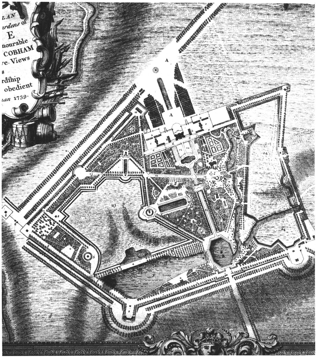 Plan de Charles Bridgeman (fl.1713-38) pour les jardins de Stowe, d