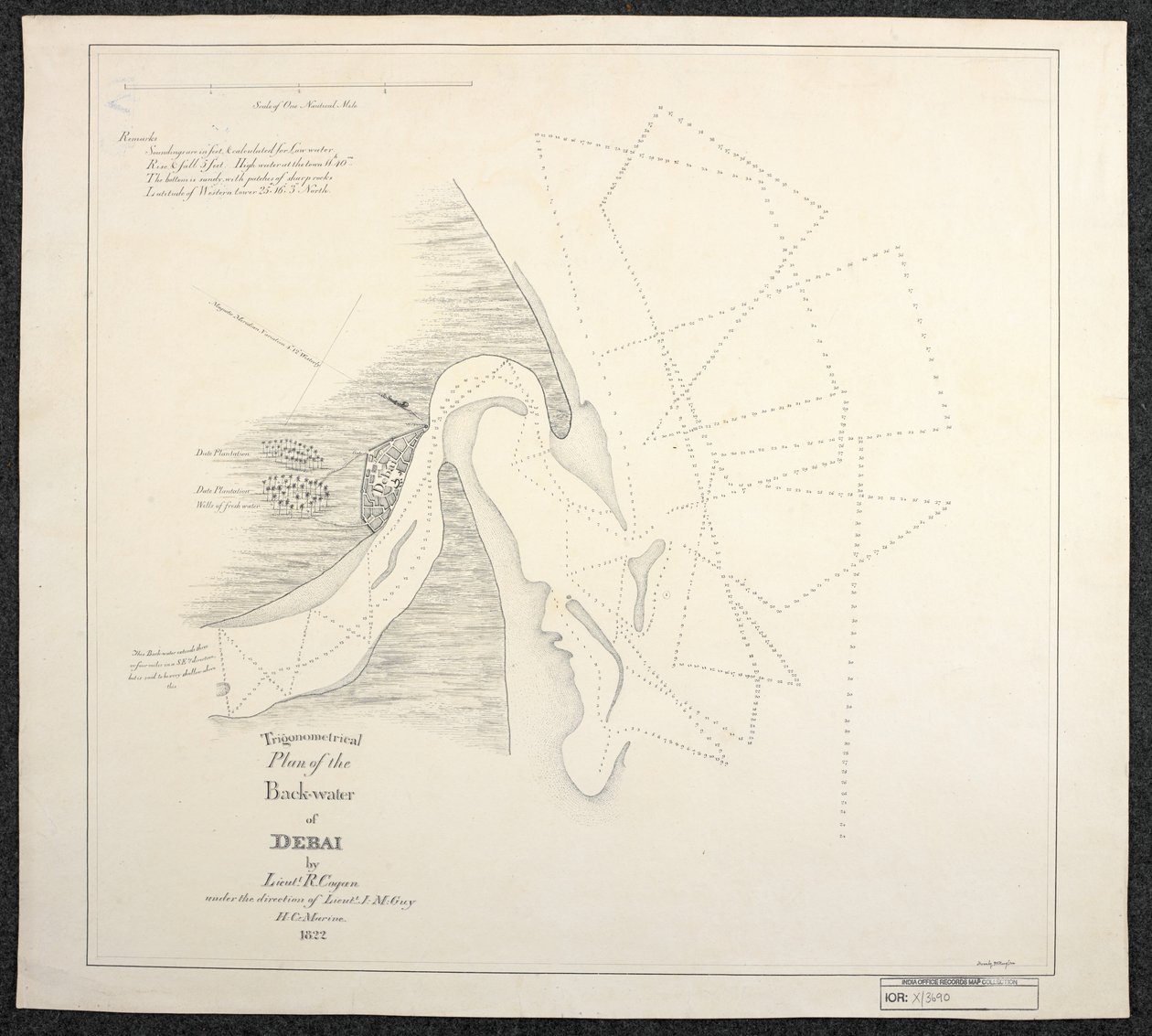 Carte de Dubaï en 1822 par les arpenteurs marins de la Compagnie anglaise des Indes orientales, intitulée Plan trigonométrique de l