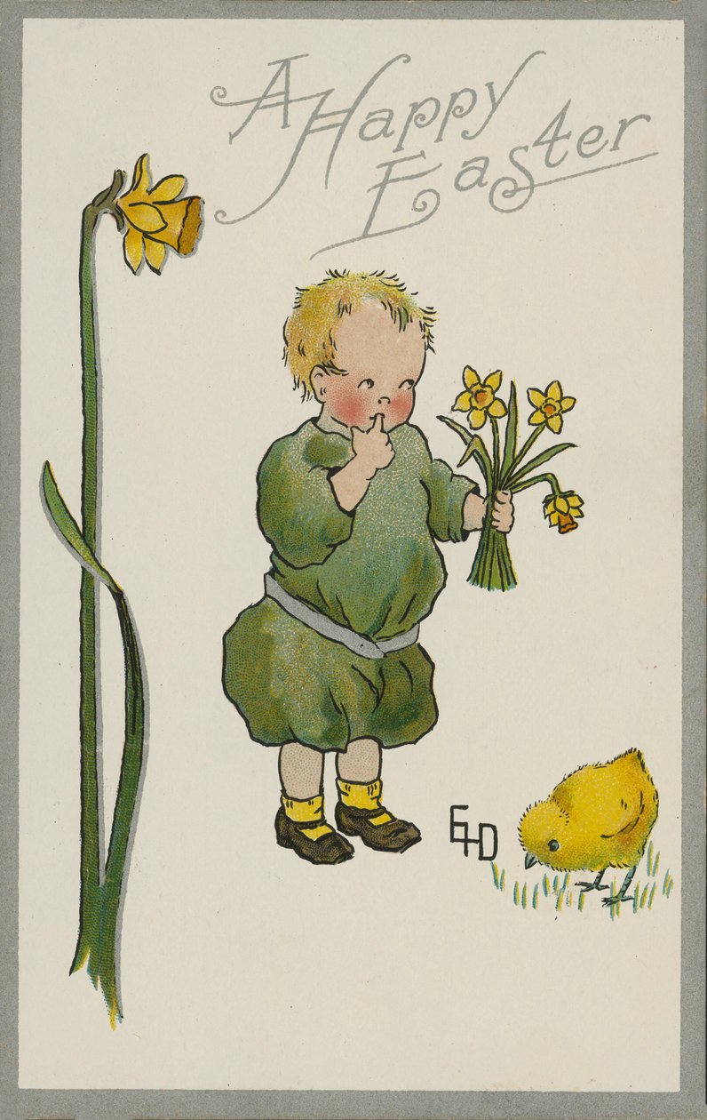 Enfant cueillant des jonquilles (lithographie couleur) - English School