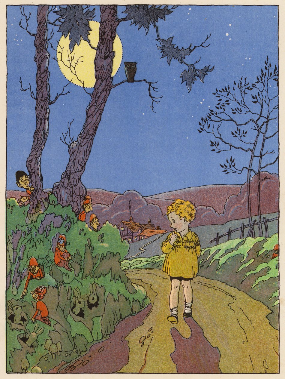 Enfant se promenant la nuit et voyant des lapins, des elfes et d