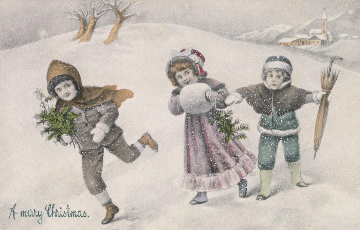 Enfants dans la neige, carte postale victorienne (impression) - English School