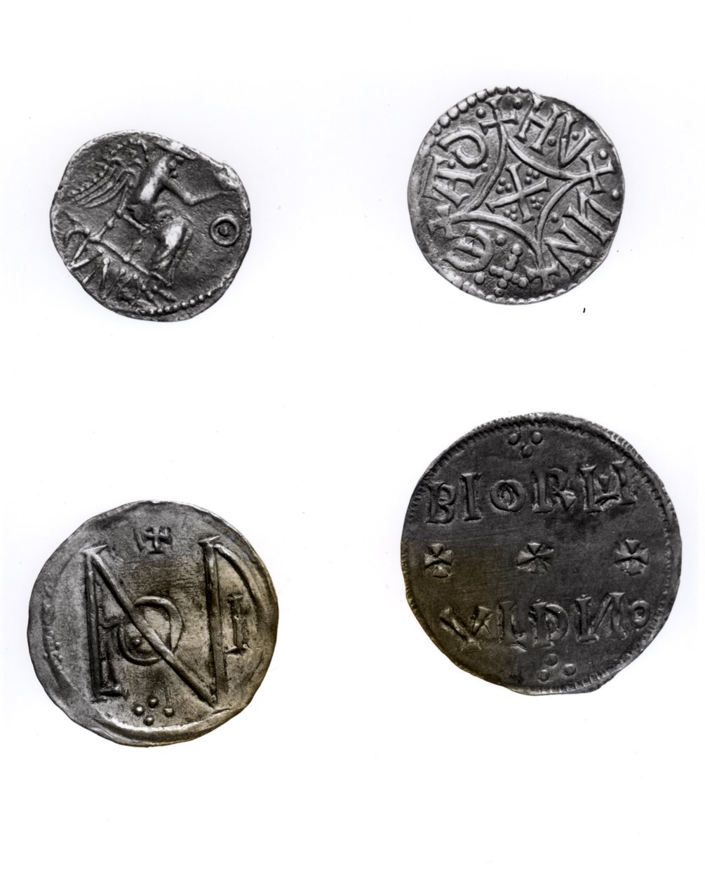 Pièces de Cunobelinus ou Cymbeline (d.43 apr. J.-C.), Offa, roi de Mercie (757-96 apr. J.-C.) et Alfred (871-99 apr. J.-C.) et Édouard l