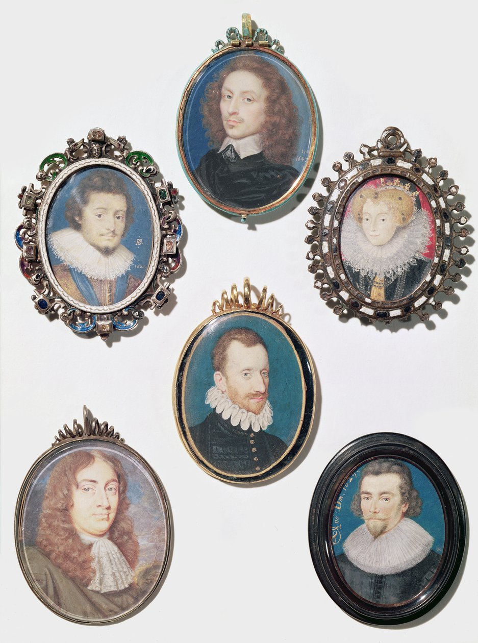 Collection de miniatures, de gauche à droite, rangée du haut : Frederich V (1596-1632) Électeur Palatin, Roi de Bohême - English School