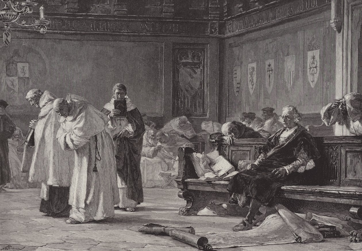 Colomb devant le Conseil de Salamanque (gravure) - English School
