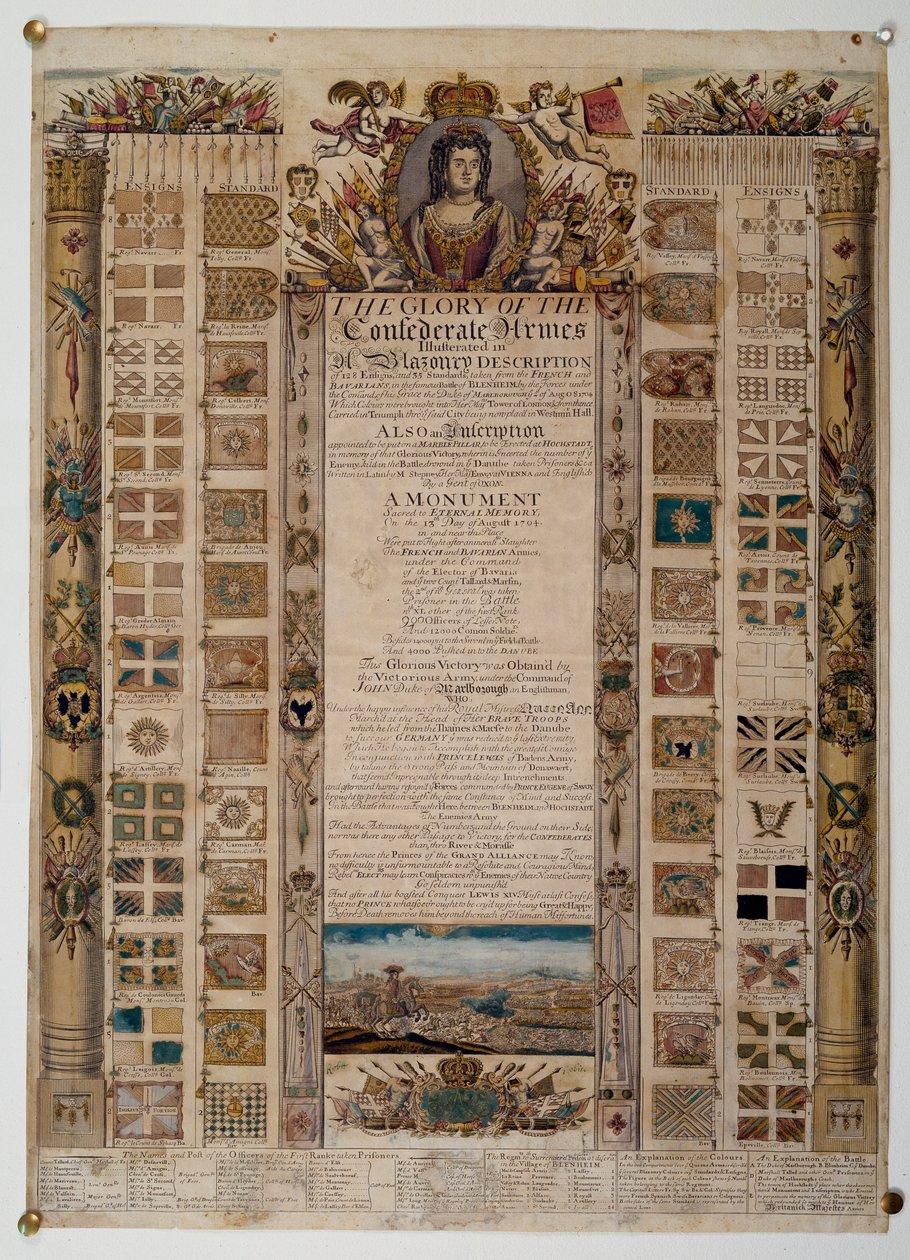 Carte commémorative montrant les étendards capturés aux Français après la bataille de Blenheim, vers 1704 - English School