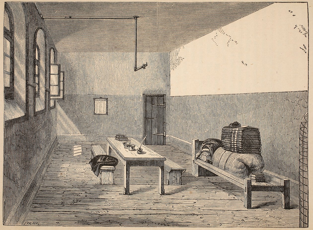 Cellule des condamnés, Newgate, illustration de The Criminal Prisons of London and Scenes from Prison Life par Henry Mayhew et John Binny, pub. 1862 - English School