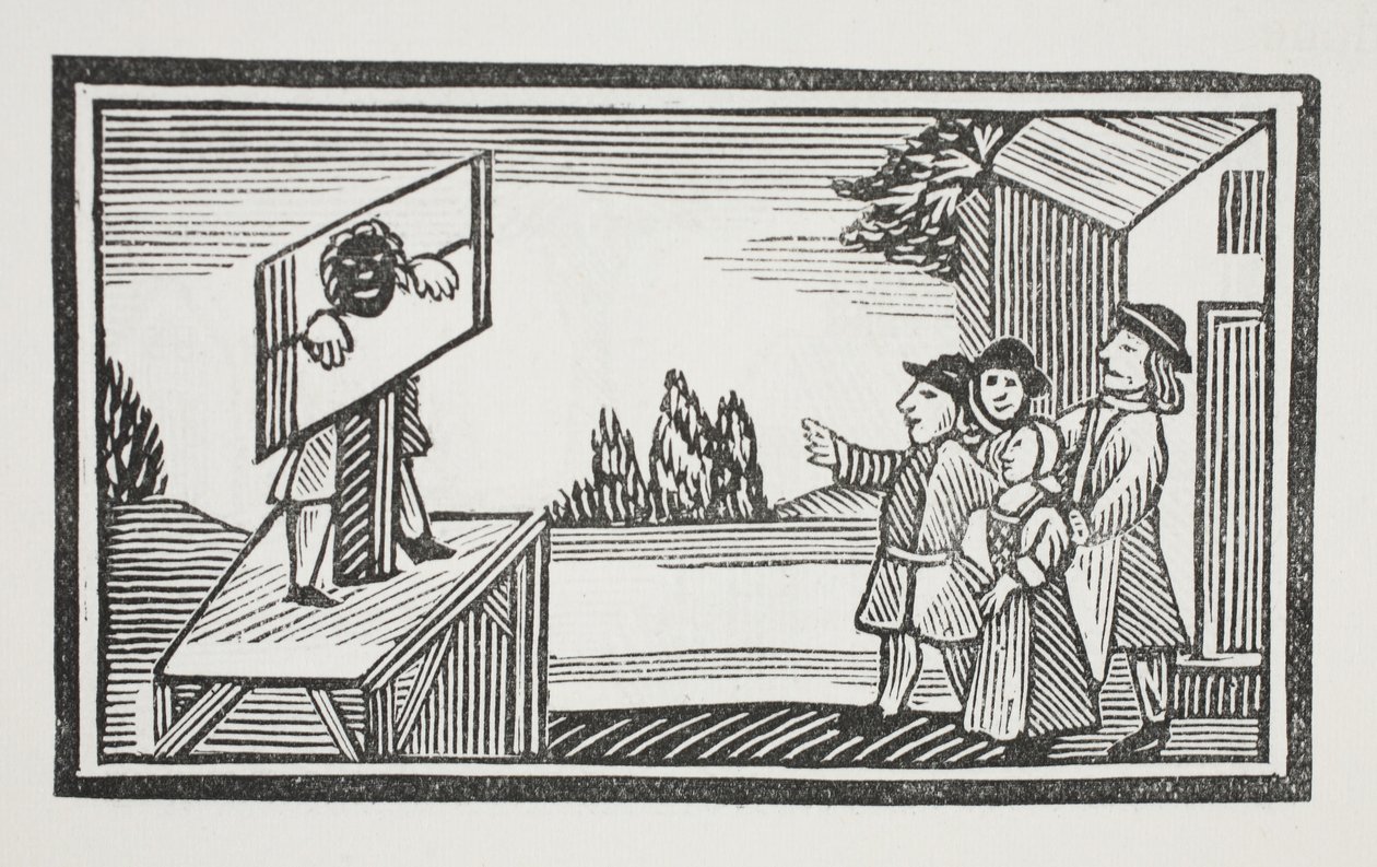 Condamné à rester une heure ou plus au pilori, illustration de Chap-books du XVIIIe siècle par John Ashton, pub. 1882 - English School