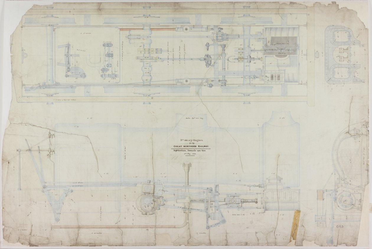 Dessin de construction pour la locomotive 2-2-2 par R. & W. Hawthorn & Co. pour la Great Northern Railway Co. - English School
