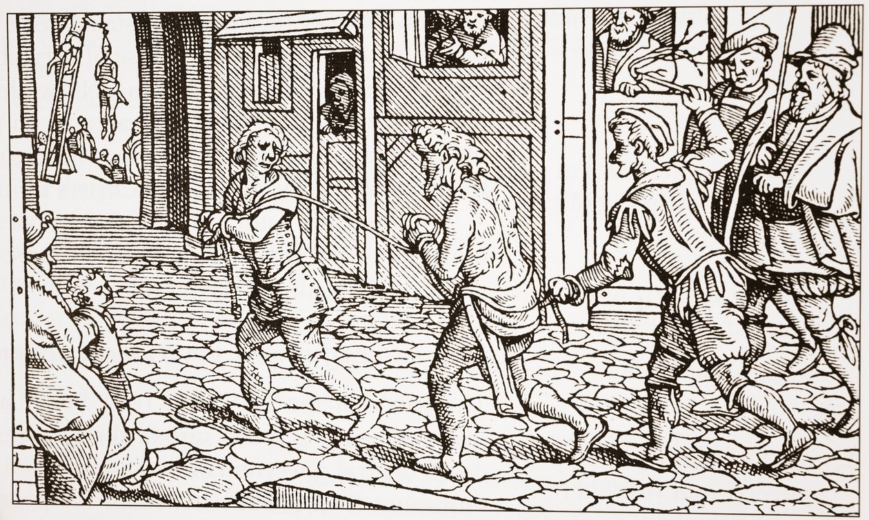 Gravure contemporaine montrant un vagabond fouetté dans les rues d