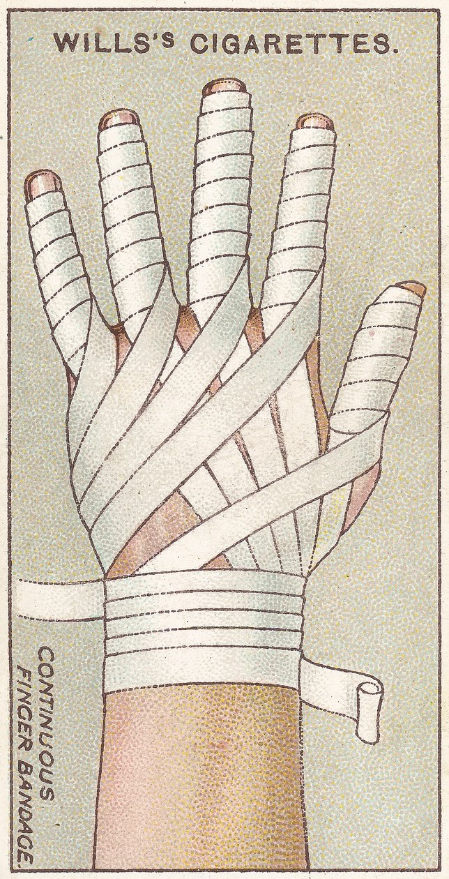 Bandage continu pour doigt, no.48 de la série Premiers Secours des cartes de cigarettes Willss, 1913 - English School