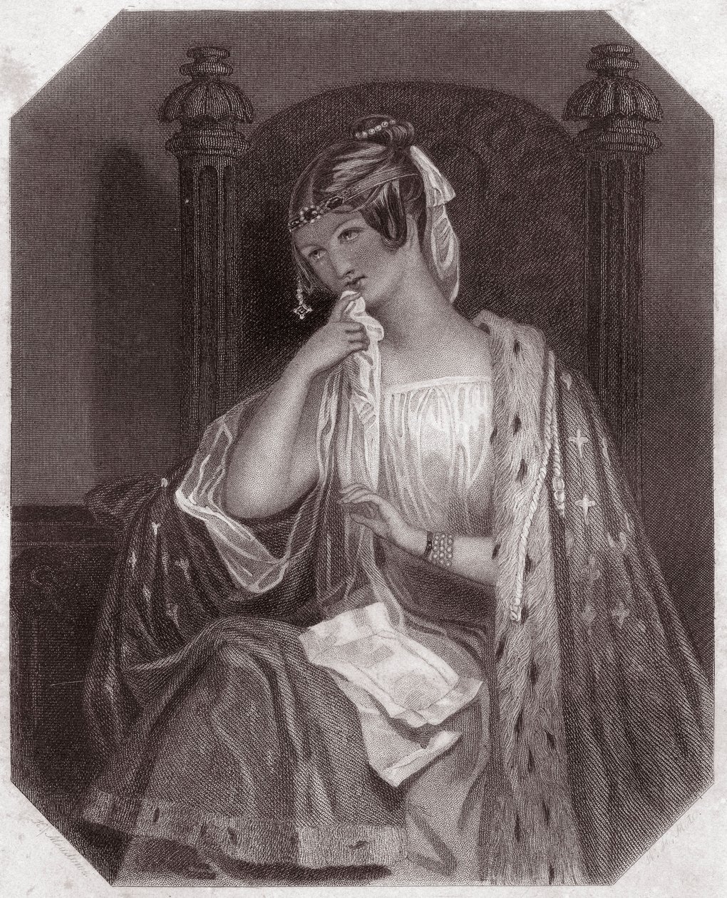 Cordelia (Le Roi Lear) - dans - "Galerie des femmes de Shakespeare, collection de quarante-cinq portraits sérieux par les premiers artistes de Londres, enrichie de notices critiques et littéraires" vers 1838 - English School