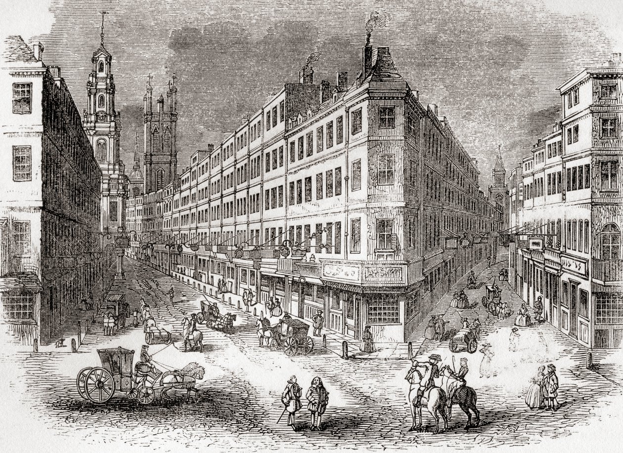 Cornhill, The Exchange et Lombard Street, Londres, Angleterre au milieu du 19ème siècle, de Old England: A Pictorial Museum, pub. 1847 - English School