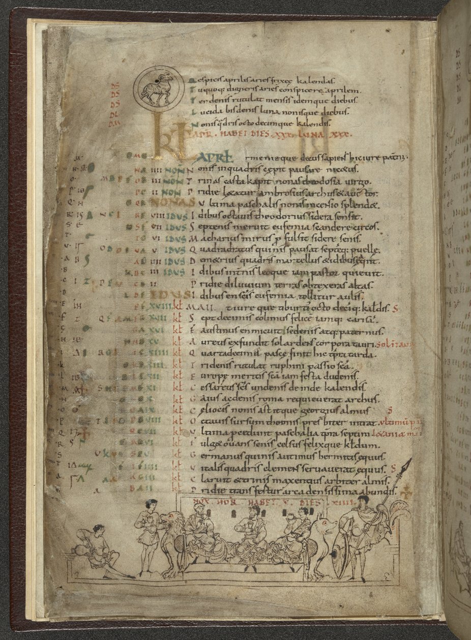 Cotton MS Julius A. VI, f.4v, Page de calendrier pour avril: Scène de festin avec trois nobles - English School