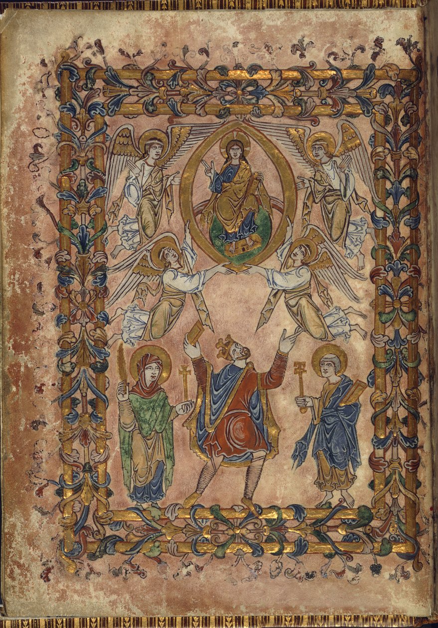 Cotton Vespasian A. VIII, f.2v Edgar offre une charte au Christ, illustration de 