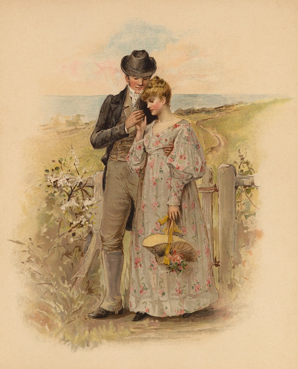 Couple de courtisans marchant dans la campagne (chromolitho) - English School