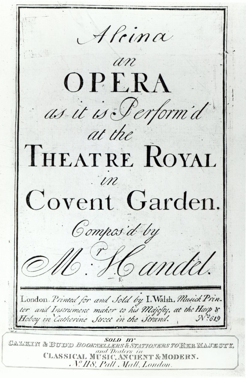 Couverture de la partition pour Alcina, un opéra de Haendel, publiée en 1735 - English School