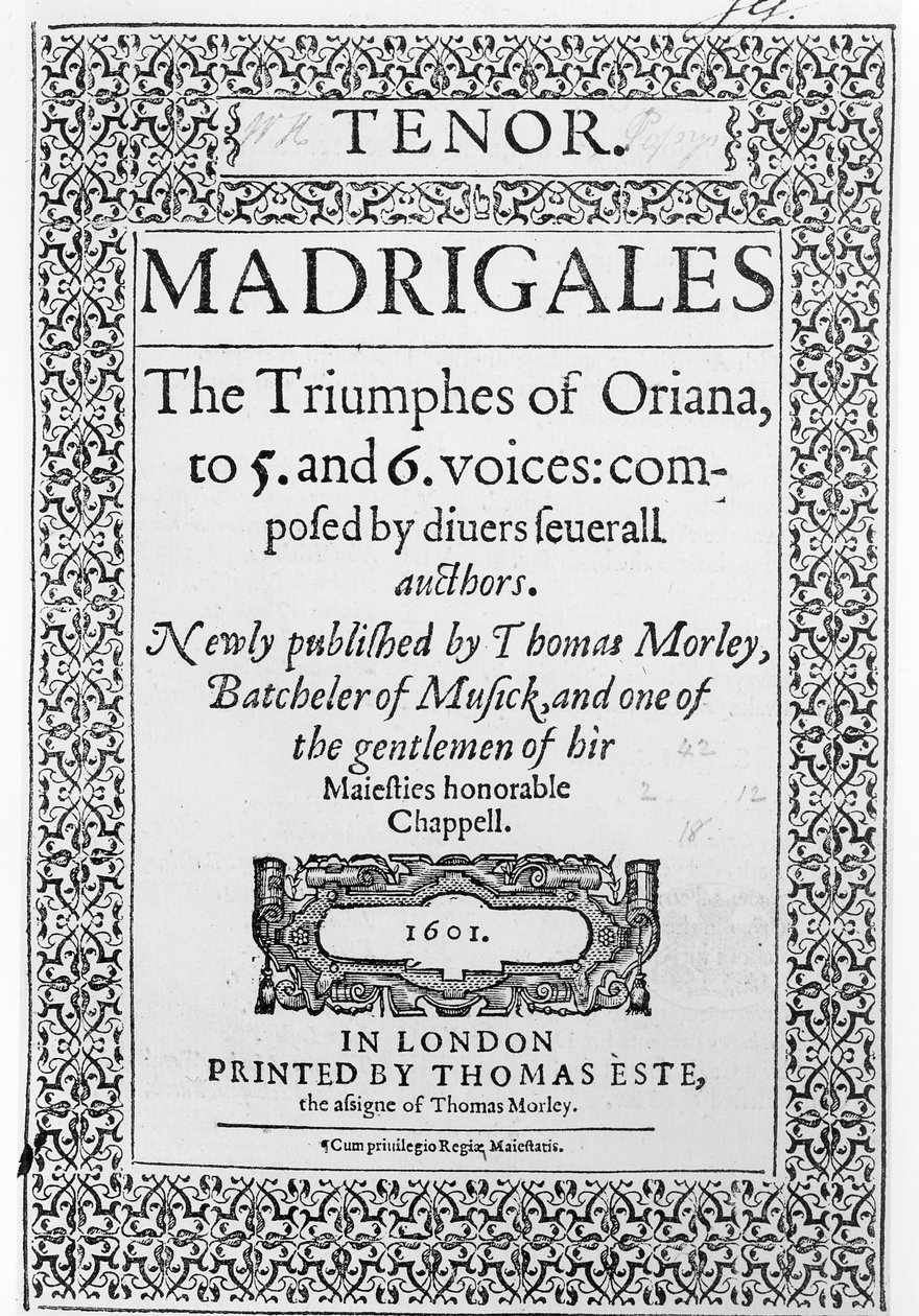Couverture de la partie Ténor de The Triumphes of Oriana, publié par Thomas Este, 1601 - English School