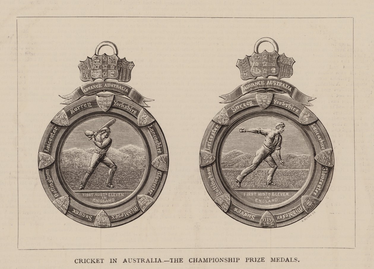 Cricket en Australie, médailles de prix du championnat (gravure) - English School
